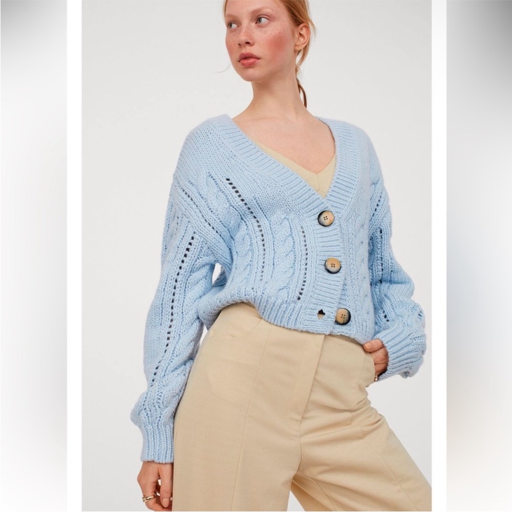H&M hm light baby Blue soft Oversized chuncky Cable knit Cardigan Size S